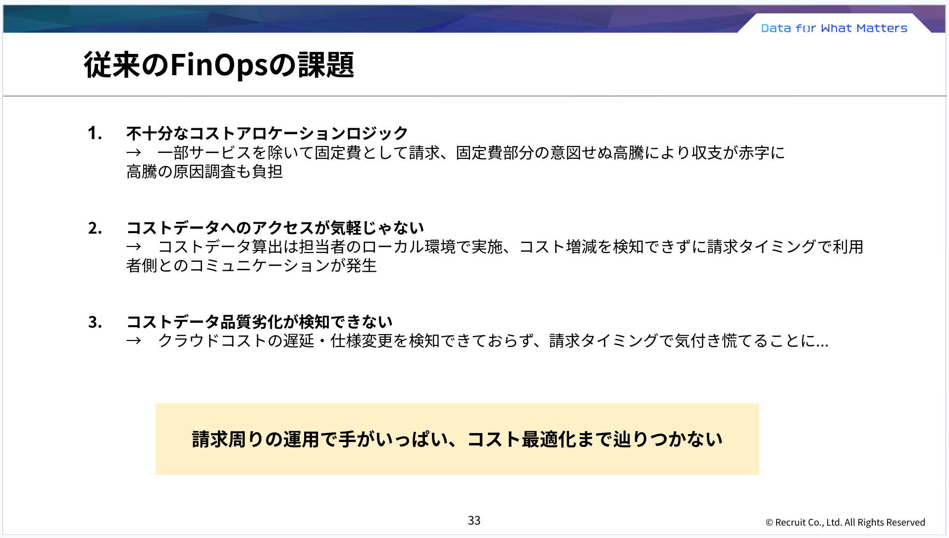 FinOps課題：コストアロケーション不備、データアクセス困難、品質劣化検知不能、請求業務負荷